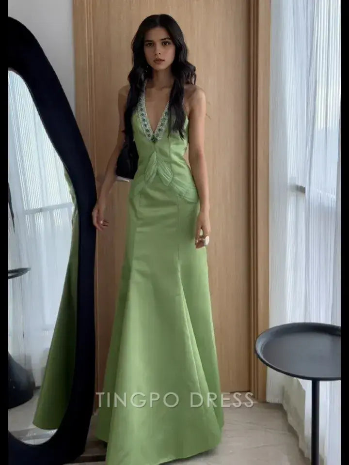 TingPo Wholesale Elegant Light Green Cutout Back V-neck Vintage Mermaid Skirt Gown with Rhinestones